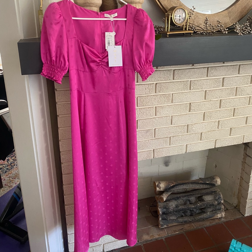 Wayf magenta satin puff sleeve dress